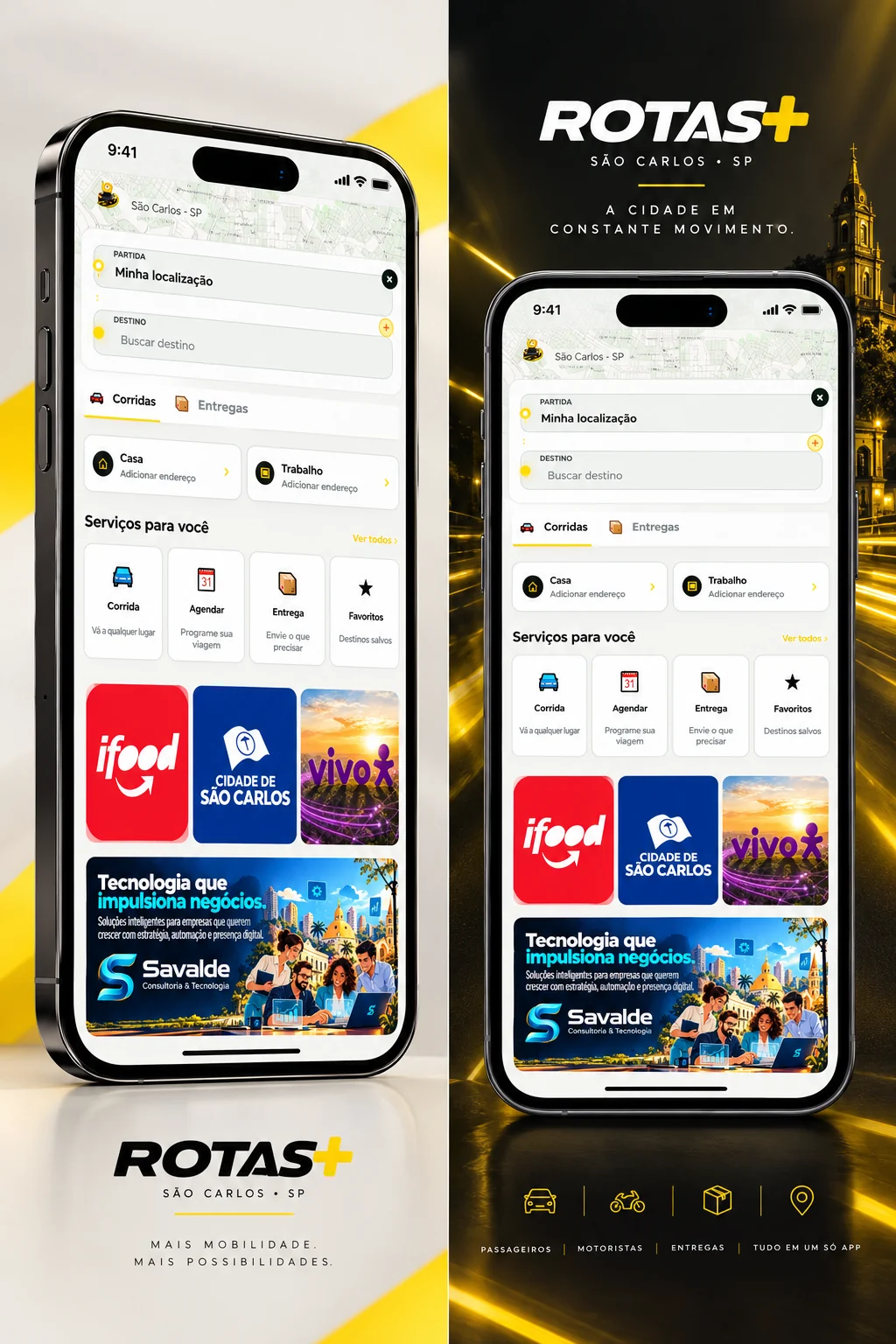 Mockups de referência da tela original da Rotas+ com serviços, carrossel e banner comercial